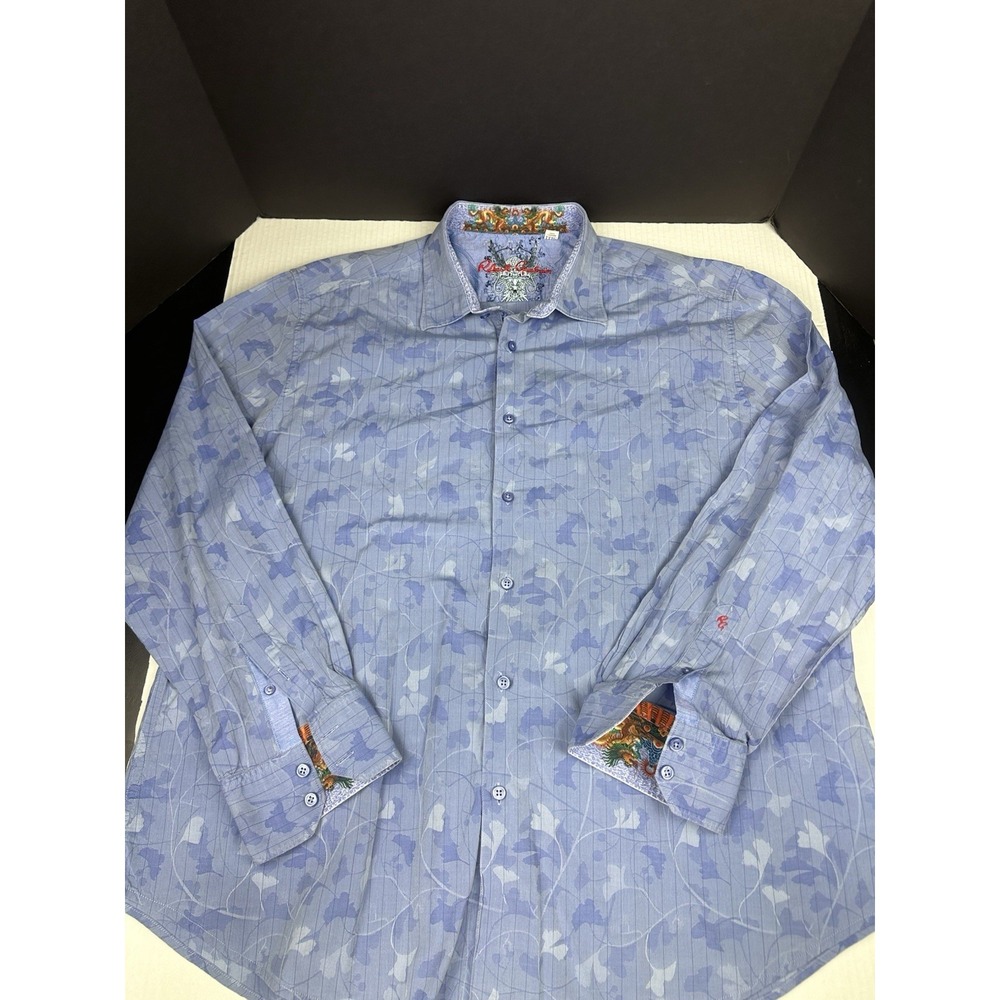 Robert Graham Shirt Mens 3XL Blue Patterned Monogramed Flip Cuffs Classic Fit